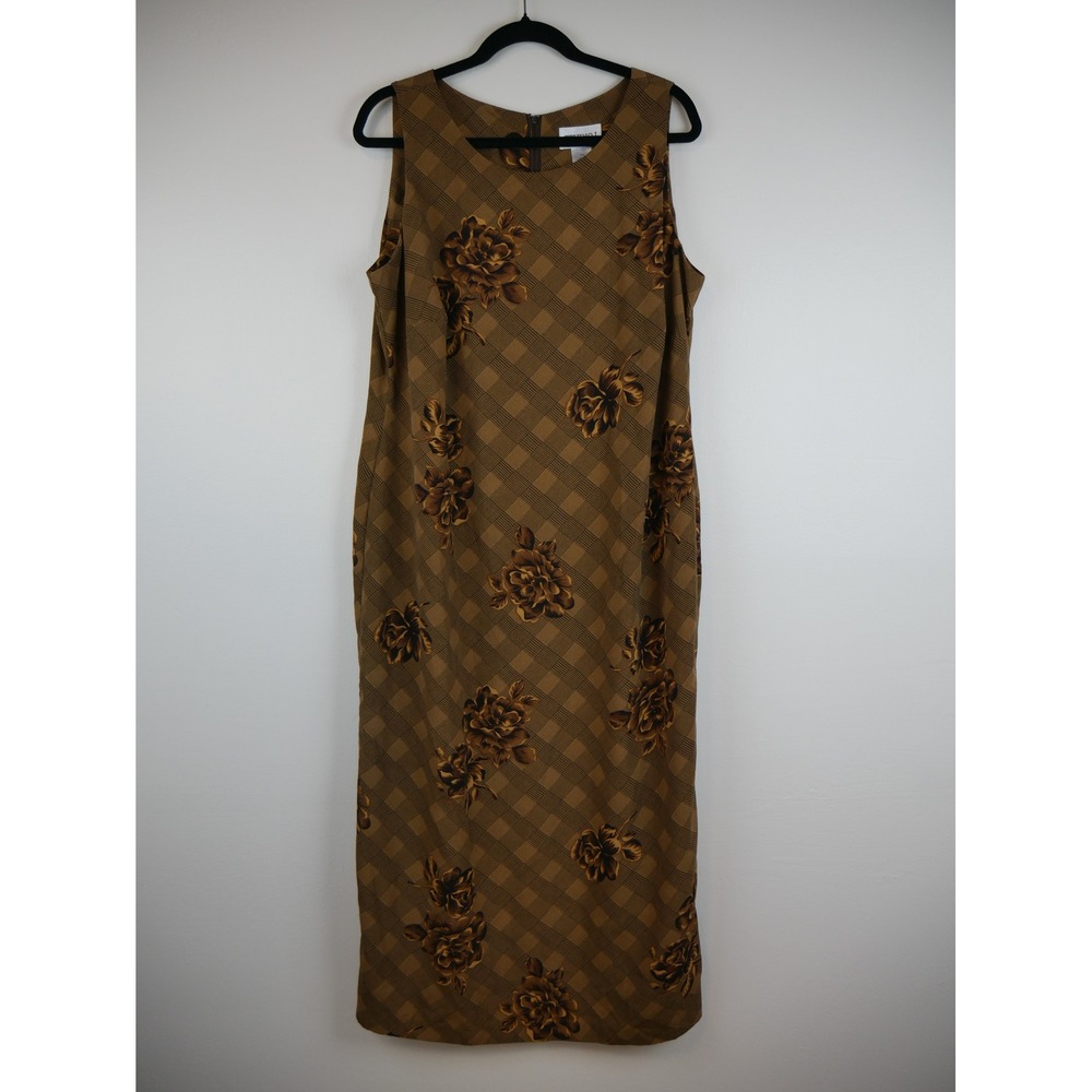 Studio I Brown Plaid Floral Sleeveless Maxi Dress Womens 16W Vintage Style